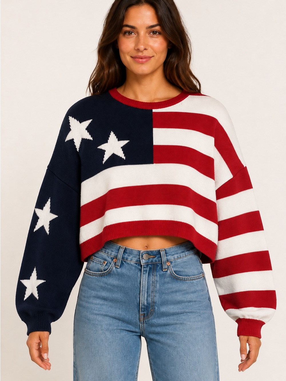 Moon & Madison American Flag Cropped Sweater Size Large Patriotic Oversized